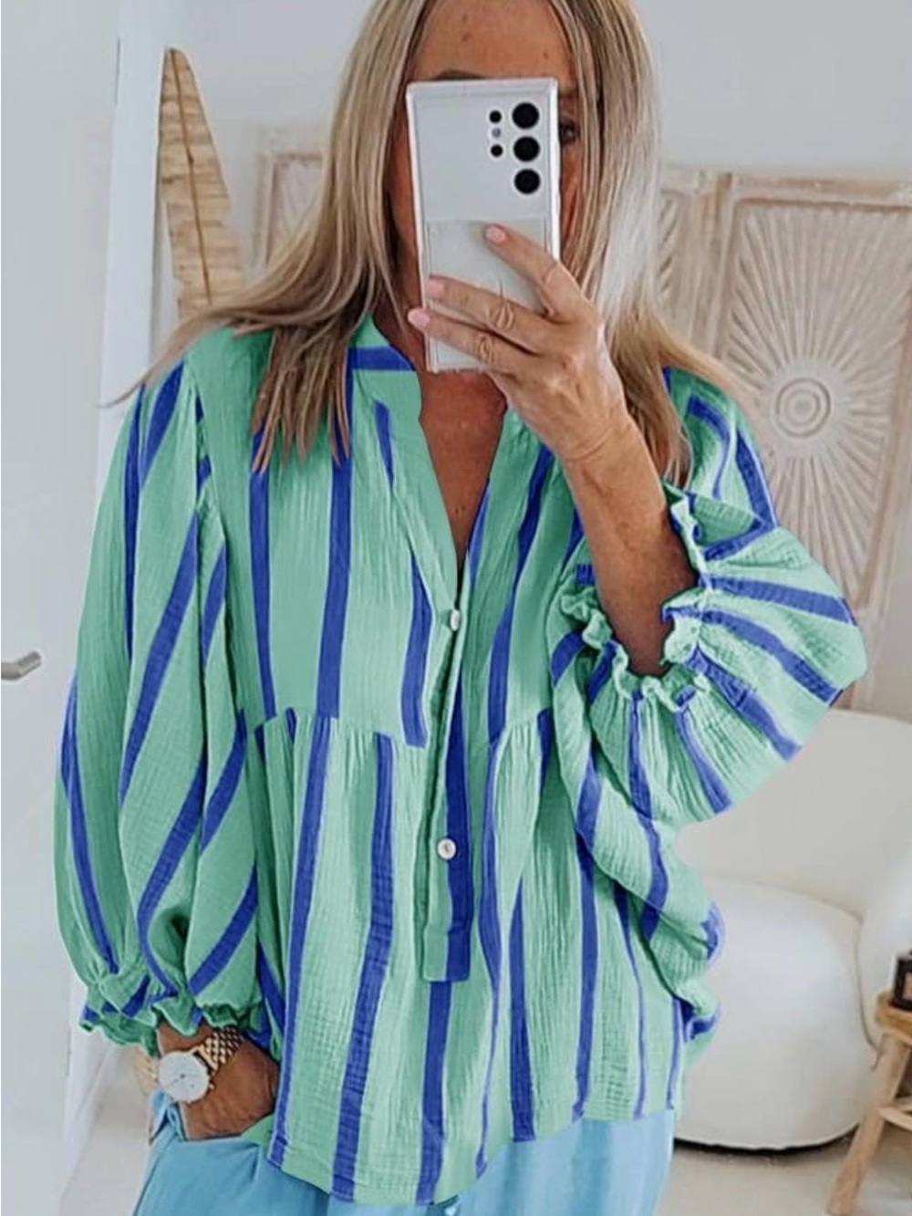 Light Green & Blue Striped Button-Front Women’s Blouse. Brand New! (Medium)